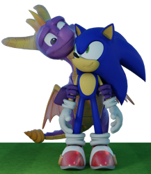 Size: 2000x2300 | Tagged: safe, artist:avidsonicfan, sonic the hedgehog, 2023, 3d, blender (medium), crossover, duo, grass, holding another's arm, looking at each other, playing, simple background, smile, spyro (series), spyro the dragon, transparent background