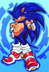 Size: 795x1159 | Tagged: safe, artist:slipnum, sonic the hedgehog, 2025, abstract background, arm fluff, cheek fluff, chest fluff, claws, ear fluff, ear piercing, earring, fingerless gloves, hand on hip, leg warmers, looking at viewer, pointing, pointing at viewer, redesign, shoulder fluff, smile, soap shoes, solo, standing