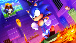 Size: 1920x1080 | Tagged: safe, artist:tripplejaz, picky, robotnik, sonic the hedgehog, human, sonic origins, sonic the hedgehog (1991), 2022, abstract background, classic robotnik, classic sonic, classic style, duo, eggmobile, grass, lava, marble zone, mouth open, tapping foot