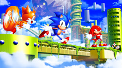 Size: 1920x1080 | Tagged: safe, artist:tripplejaz, knuckles the echidna, miles "tails" prower, sonic the hedgehog, sky sanctuary zone, sonic origins, 2022, abstract background, classic knuckles, classic sonic, classic style, classic tails, clouds, cucky, death egg, grass, looking ahead, looking at them, looking at viewer, mouth open, outdoors, running, smile, sonic the hedgehog 3, spinning tails, standing, team sonic, trio