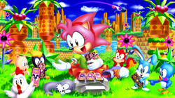 Size: 1920x1080 | Tagged: safe, artist:tripplejaz, amy rose, flicky, metal sonic, picky, pocky, ricky, rocky, sonic cd, sonic origins, abstract background, card, classic amy, classic style, clouds, cucky, daytime, eyelashes, flower, grass, group, holding something, looking at them, looking at viewer, mouth open, outdoors, pecky, robot, rock, sitting, sleeping, smile, tarot card, tree
