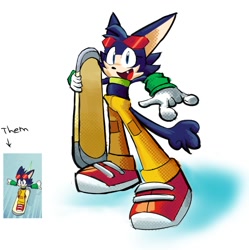 Size: 1492x1500 | Tagged: safe, artist:bennascar2, crop top, extreme gear, holding something, idw background rider, looking at viewer, one fang, pants, reference inset, riders outfit, simple background, smile, solo, standing, sunglasses, white background