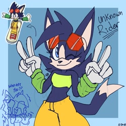 Size: 2000x2000 | Tagged: safe, artist:_ariberry_98, 2024, arm warmers, blue background, border, crop top, dialogue, double v sign, english text, flat colors, idw background rider, looking at viewer, pants, reference inset, riders outfit, signature, simple background, smile, solo, standing, sunglasses, v sign, wink