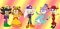 Size: 3500x1700 | Tagged: safe, artist:lunarozza, blaze the cat, rouge the bat, shadow the hedgehog, silver the hedgehog, sticks the badger, cosplay, pauline, princess daisy, rosalina, waluigi, wario