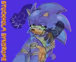 Size: 2048x1692 | Tagged: safe, artist:chunkycrocs, artist:t0yhaunt, sonic the hedgehog, 2023, bandage, blue background, crying, eyelashes, gloves off, hallucination, lidded eyes, one fang, sad, simple background, sitting, solo, stockholm syndrome, tears, tears of sadness