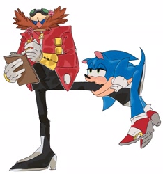 Size: 1915x2048 | Tagged: safe, artist:chunkycrocs, artist:t0yhaunt, robotnik, sonic the hedgehog, hedgehog, human, 2024, clipboard, cross popping vein, duo, holding leg, holding something, looking at something, looking at them, male, simple background, standing, standing on one leg, white background, writing