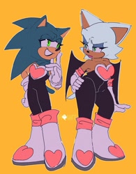 Size: 1376x1768 | Tagged: safe, artist:chunkycrocs, artist:t0yhaunt, rouge the bat, sonic the hedgehog, bat, hedgehog, 2023, cleavage, crossdressing, duo, female, femboy, frown, hand on hip, lidded eyes, looking at each other, male, outline, rouge's heart top, signature, simple background, smile, standing, yellow background