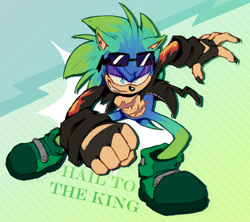 Size: 540x479 | Tagged: safe, artist:firestarting, scourge the hedgehog, hedgehog, fingerless gloves, glasses, jacket, male, shoes, sunglasses