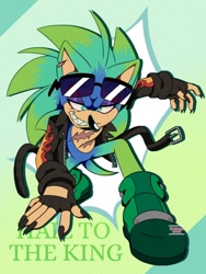 Size: 540x720 | Tagged: safe, ai art, artist:lili-divine-artist, scourge the hedgehog, hedgehog, fingerless gloves, glasses, jacket, male, shoes, sunglasses