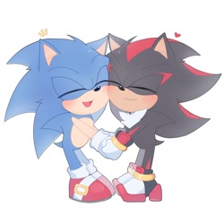 Size: 1768x1767 | Tagged: safe, artist:pdangel_, shadow the hedgehog, sonic the hedgehog, chibi, cute, duo, eyes closed, gay, heart, holding hands, shadow x sonic, shipping, simple background, white background