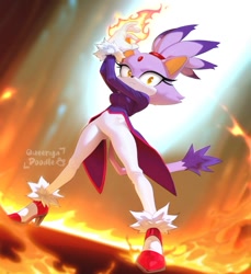 Size: 861x941 | Tagged: safe, artist:doodle_queenya, blaze the cat, cat, abstract background, female, fire, flame, looking at viewer, signature, solo, standing