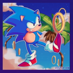 Size: 2071x2079 | Tagged: safe, artist:vesperiian, sonic the hedgehog, hedgehog, cloud, clouds, grin, grinning, island, male, palm tree, ring, rings, solo, star (sky), tree, water