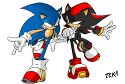 Size: 600x403 | Tagged: safe, artist:sketchbravo, shadow the hedgehog, sonic the hedgehog, 2004, clenched fist, clenched teeth, duo, frown, looking at each other, signature, simple background, smile, standing, standing on one leg, white background