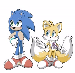 Size: 2048x1980 | Tagged: safe, artist:chelsiegeorgia, miles "tails" prower, sonic the hedgehog, sonic adventure, 2022, blushing, crystal ring, duo, frown, hand on hip, jet anklet, light shoes, looking offscreen, mouth open, rhythm badge, signature, simple background, standing, white background