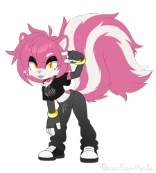 Size: 1800x2000 | Tagged: safe, artist:omorfia-moria, oc, oc:vivian the skunk, skunk, 2025, bending over, cheek fluff, chest fluff, clothes, crop top, eye clipping through hair, eyebrow clipping through hair, eyelashes, eyeshadow, female, fingerless gloves, frown, lidded eyes, lipstick, looking at viewer, oc only, pants, pink fur, pink nose, redraw, shoes, signature, simple background, solo, solo female, tail fluff, transparent background, yellow eyes