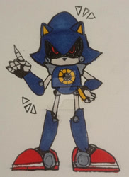 Size: 1280x1757 | Tagged: safe, artist:shadowedluminescence, metal sonic, 2024, black sclera, deviantart watermark, hand on hip, looking at viewer, obtrusive watermark, pointing, robot, solo, standing, traditional media, wagging finger, watermark