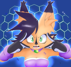 Size: 2737x2603 | Tagged: safe, artist:noinxwarpstar, nicole the hololynx, 2025, abstract background, ear fluff, female, finger on head, glowing, looking at viewer, mouth open, outline, solo, solo female