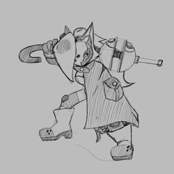 Size: 3000x3000 | Tagged: safe, artist:noinxwarpstar, whisper the wolf, 2025, female, holding something, mask over eyes, monochrome, pencilwork, posing, solo, solo female, standing, traditional media, wispon
