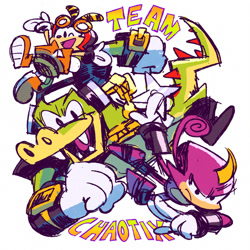 Size: 2000x2000 | Tagged: safe, artist:cigardoesart, charmy bee, espio the chameleon, vector the crocodile, sonic heroes, 2025, charmabetes, clenched fist, cute, english text, espibetes, flying, frown, holding something, looking at viewer, looking offscreen, male, males only, mid-air, ninja star, sketch, smile, team chaotix, trio, trio male, vectorbetes, wink