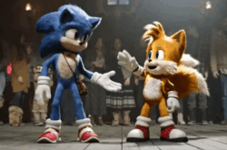 Size: 500x330 | Tagged: safe, editor:autisticshadowthehedgehog, miles "tails" prower, sonic the hedgehog, human, sonic the hedgehog 2 (2022), 2025, animated, dancing, duo focus, edit, gif, group, holding hands, screencap, smile, standing