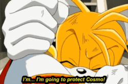 Size: 500x330 | Tagged: safe, editor:autisticshadowthehedgehog, miles "tails" prower, shadow the hedgehog, 2025, animated, dialogue, duo, edit, english text, eyes closed, frown, gif, holding something, implied cosmo, injured, one eye closed, scratch (injury), screencap, scuff mark, solo focus, sonic x, talking, text