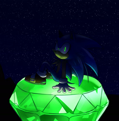 Size: 2048x2084 | Tagged: safe, artist:pokeypoqi, sonic the hedgehog, 2025, chest fluff, dark, frown, glowing, glowing eyes, leaning back, looking at viewer, looking over shoulder, male, master emerald, nighttime, outdoors, sitting, solo, solo male, star (sky), top surgery scars, trans male, transgender