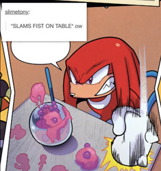 Size: 1132x1202 | Tagged: safe, editor:nervouswreck-96, knuckles the echidna, 2025, clenched teeth, edit, edited screencap, english text, food, fruit, grapes, looking offscreen, meme, punching, screencap, solo, table, text, tumblr