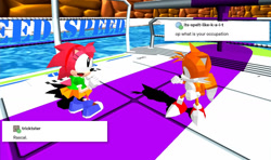 Size: 1394x825 | Tagged: safe, editor:nervouswreck-96, amy rose, miles "tails" prower, 2025, 3d, classic amy, classic tails, duo, edit, edited screencap, english text, fighting pose, looking at each other, meme, screencap, smile, sonic the fighters, standing, text, tumblr