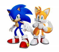 Size: 2047x1810 | Tagged: safe, editor:thatbirdguyy, miles "tails" prower, sonic the hedgehog, 2025, 3d, duo, edit, looking at viewer, official artwork, official render, simple background, standing, white background