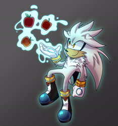 Size: 1919x2048 | Tagged: safe, artist:pokeypoqi, silver the hedgehog, 2024, apple, arm fluff, cheek fluff, chest fluff, floppy ears, flying, food, fruit, glowing, gradient background, lighting practice, looking at something, mid-air, neck fluff, psychokinesis, silvabetes, smile, solo