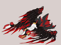 Size: 2048x1504 | Tagged: safe, artist:cloud-ya, shadow the hedgehog, sonic x shadow generations, 2025, doom shadow, family guy, family guy death pose, flat colors, grey background, lying on side, simple background, solo