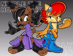 Size: 3850x2975 | Tagged: safe, artist:unhinged_honey, nicole the hololynx, sally acorn, chipmunk, lynx, squirrel, character name, devil horns (gesture), duo, female, gradient background, holding something, hololynx, signature, uekawa style