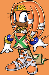 Size: 682x1049 | Tagged: safe, artist:blackeditsgalore, artist:yuji uekawa, editor:blackeditsgalore, tikal, 2025, alternate version, black edit, dark skin, edit, looking at viewer, orange background, simple background, smile, solo, standing, uekawa style