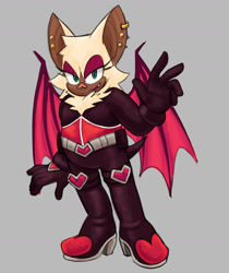 Size: 1667x1989 | Tagged: safe, artist:frostiios, rouge the bat, 2023, dark skin, ear piercing, earring, grey background, lidded eyes, looking at viewer, mouth open, one fang, open smile, simple background, smile, solo, standing