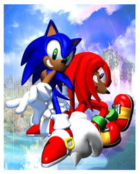 Size: 2048x2536 | Tagged: safe, artist:blackeditsgalore, editor:blackeditsgalore, knuckles the echidna, sonic the hedgehog, sonic adventure, 2025, 3d, abstract background, black edit, border, clenched teeth, dark skin, duo, edit, looking at viewer, smile, smiling at viewer