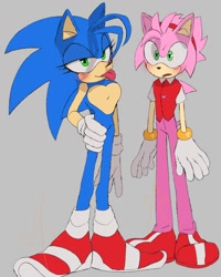 Size: 1200x1500 | Tagged: safe, artist:xx-sketchy-xx, amy rose, sonic the hedgehog, 2025, blushing, duo, gender swap, grey background, hand on hip, heart chest, lidded eyes, looking at viewer, looking offscreen, mouth open, simple background, smile, standing, tongue out, vest