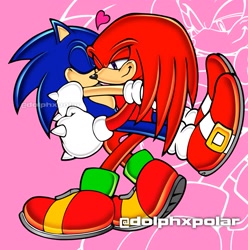 Size: 1855x1871 | Tagged: safe, artist:dolphxpolar, knuckles the echidna, sonic the hedgehog, echidna, hedgehog, carrying them, couple, echo background, eyes closed, gay, hugging, kissing, knuxonic, male, shipping, style emulation, uekawa style