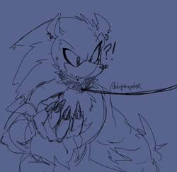 Size: 1536x1491 | Tagged: suggestive, artist:dolphxpolar, sonic the hedgehog, collar, ear piercing, leash, line art, male, sketch, solo, sonic the werehog, spiked collar, were form, werehog