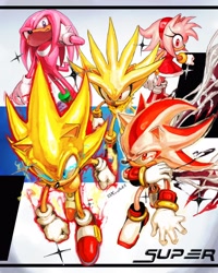 Size: 3278x4096 | Tagged: safe, artist:kornart3, amy rose, knuckles the echidna, shadow the hedgehog, silver the hedgehog, sonic the hedgehog, super knuckles, super shadow, super sonic, super sonic 2, echidna, hedgehog, 2025, abstract background, female, group, male, super amy, super form, super silver, text