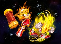 Size: 1058x766 | Tagged: safe, artist:daereamart, artist:kornart3, amy rose, sonic the hedgehog, super sonic, hedgehog, 2025, abstract background, collaboration, duo, female, male, piko piko hammer, space, sparkles, spindash, star (sky), super amy, super form