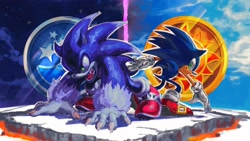Size: 4096x2303 | Tagged: safe, artist:kornart3, sonic the hedgehog, hedgehog, sonic unleashed, 2025, all fours, back to back, cloud, clouds, daytime, duo, looking back, male, medal, moon medal, mouth open, nighttime, self paradox, smile, sonic the werehog, star (sky), sun medal, were form, werehog