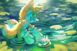 Size: 2048x1365 | Tagged: safe, artist:sadwe_96, miles "tails" prower, fox, 2023, abstract background, flower, lilypad, male, open mouth, outdoors, pond, scenery, solo, standing in water, sunlight, water, waterlily