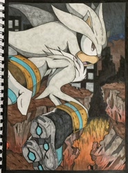 Size: 1516x2048 | Tagged: safe, artist:skerchdrawer, silver the hedgehog, hedgehog, 2023, city, crisis city, fire, levitating, male, solo, traditional media