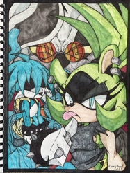 Size: 1530x2048 | Tagged: safe, artist:skerchdrawer, dr. starline, kit the fennec, surge the tenrec, fox, tenrec, 2023, ear piercing, female, fennec, glasses, idw, male, platypus, spiked bracelet, tongue out, traditional media, trio