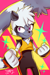 Size: 2100x3150 | Tagged: safe, artist:syaokitty, tangle the lemur, lemur, abstract background, clenched fists, female, signature, smile, solo, sparkles