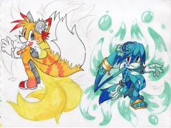Size: 3330x2490 | Tagged: safe, artist:lebluenooki, kit the fennec, miles "tails" prower, fox, 2023, alternate outfit, alternate universe, back to back, body marking, bubbles, claws, duo, extra tail, fennec, fur markings, hydrokinesis, kitsune, male, moon, moon medal, paws, sandals, sketch, sun, sun medal, tattoo, traditional media, water, white background