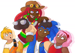 Size: 2003x1430 | Tagged: safe, artist:adhd-sonic-the-hedgehog, amy rose, miles "tails" prower, sonic the hedgehog, human, sonic origins, 2022, dark skin, dot mouth, group, humanized, knuckles' hat, mouth open, redraw, signature, simple background, smile, white background