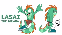 Size: 2048x1168 | Tagged: safe, artist:jcr3ative, oc, oc:lasai the iguana, lizard, 2023, character name, flat colors, iguana, oc only, simple background, smile, solo, white background