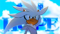 Size: 2048x1152 | Tagged: safe, artist:miijiu, silver the hedgehog, hedgehog, blue sky, clouds, daytime, hope, japanese text, looking at viewer, male, smile, solo, text, youtube link in description, youtube thumbnail