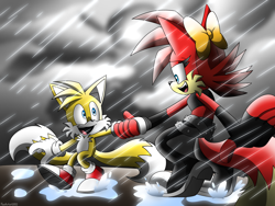 Size: 4000x3000 | Tagged: safe, artist:fartist2020, fiona fox, miles "tails" prower, duo, holding hands, puddle, rain
